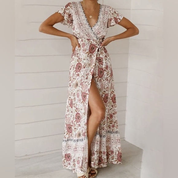 HP❤️New Women Fashion Boho Summer Side Split Deep V Neck Maxi Dress Sz S - Picture 2 of 11